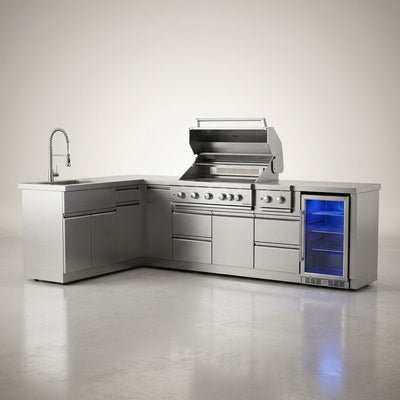 Outdoor Kitchen Built for Elite Entertaining, Marine-Grade Steel, 6-Burner Grill, Built-In Refrigerator