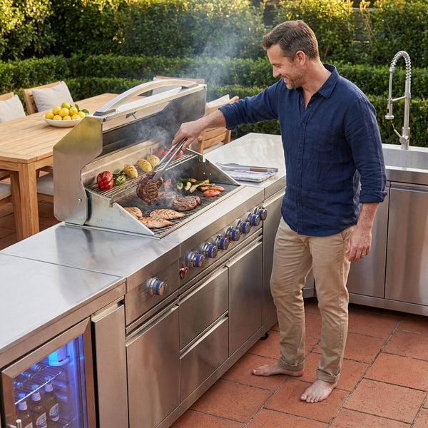 Outdoor Kitchen Built for Elite Entertaining, Marine-Grade Steel, 6-Burner Grill, Built-In Refrigerator