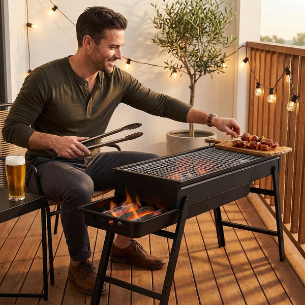Charcoal Grill Station Built to Last, Foldable Design, Chrome-Plated Grate, Deep Firebox