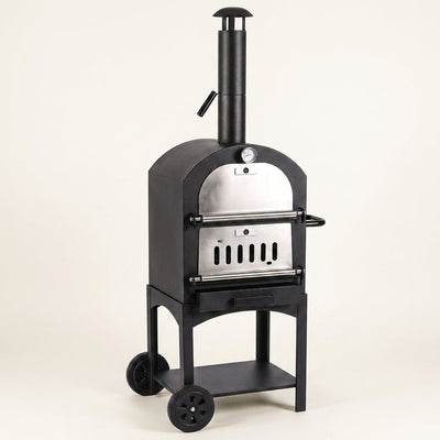 Wood-Fired Pizza Oven Built for Small Patios, Wheeled Cart, Vented Firebox, Built-In Thermometer