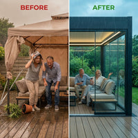 Glass Pavilion Pergola Built to Last Year-Round, Aluminum Frame, Tempered Glass Walls, Integrated LED Lighting — Before & After