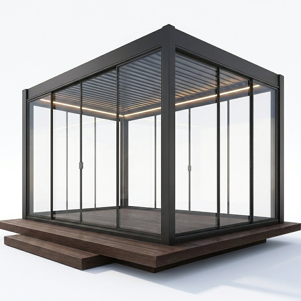 Glass Pavilion Pergola Built to Last Year-Round, Aluminum Frame, Tempered Glass Walls, Integrated LED Lighting — Studio Shot