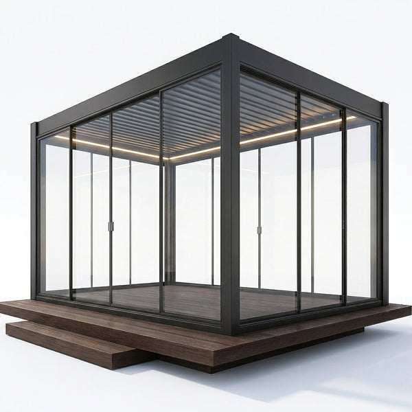 Glass Pavilion Pergola Built to Last Year-Round, Aluminum Frame, Tempered Glass Walls, Integrated LED Lighting — Studio Shot