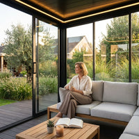 Glass Pavilion Pergola Built to Last Year-Round, Aluminum Frame, Tempered Glass Walls, Integrated LED Lighting — Lifestyle
