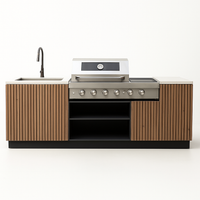 Outdoor Kitchen Island Built for Backyard Entertaining, Teak Cabinet Faces, Stainless Steel Worktops, High-Performance Grill