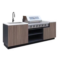 Outdoor Kitchen Island Built for Backyard Entertaining, Teak Cabinet Faces, Stainless Steel Worktops, High-Performance Grill