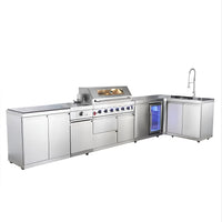 Outdoor Kitchen Built for Elite Entertaining, Marine-Grade Steel, 6-Burner Grill, Built-In Refrigerator